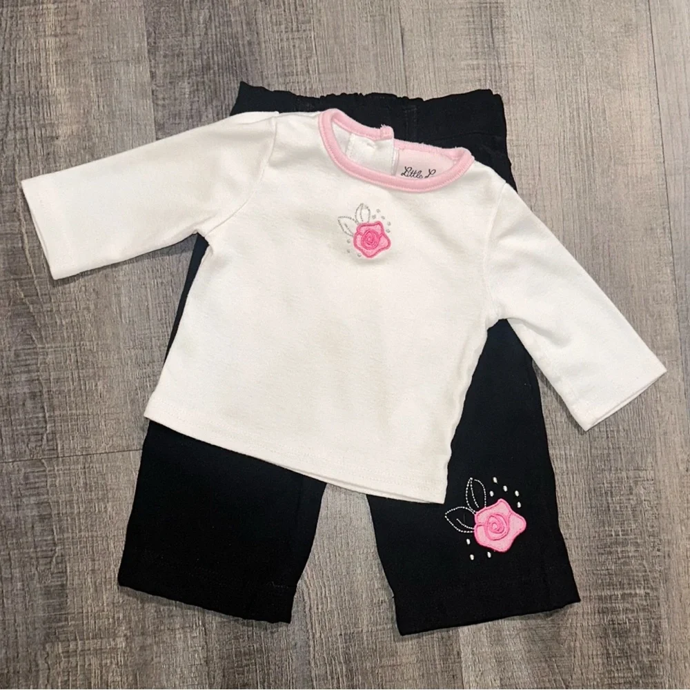 Baby Girls Size 6-9 Months Black & White Outfit with Pink Rose Embroidery - Picture 1 of 6